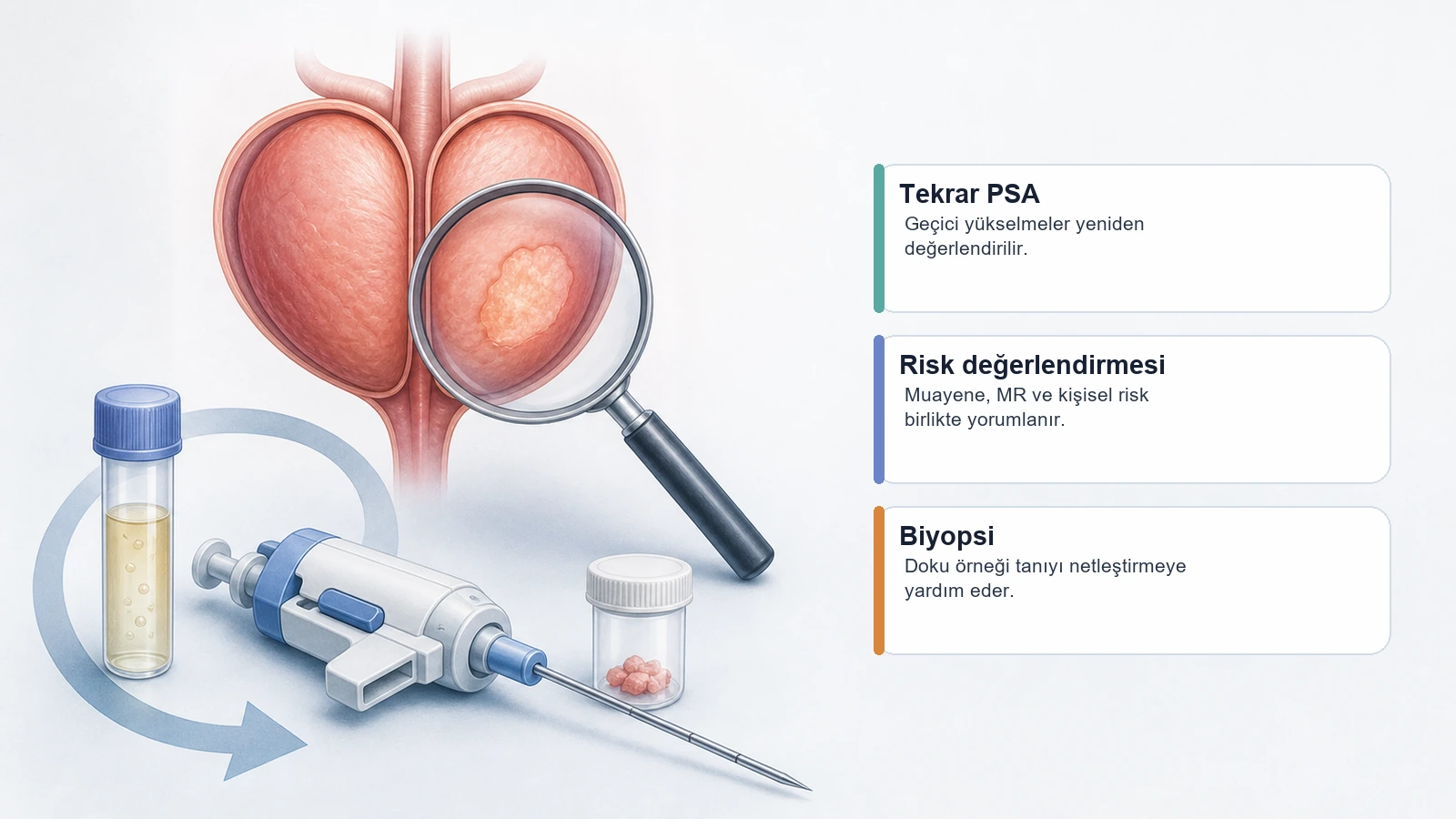 Prostat Biyopsisi Ne Zaman Gerekir? için ultrason ve BT rehberli biyopsi ile kalın iğne örneklemesini açıklayan premium medikal görsel